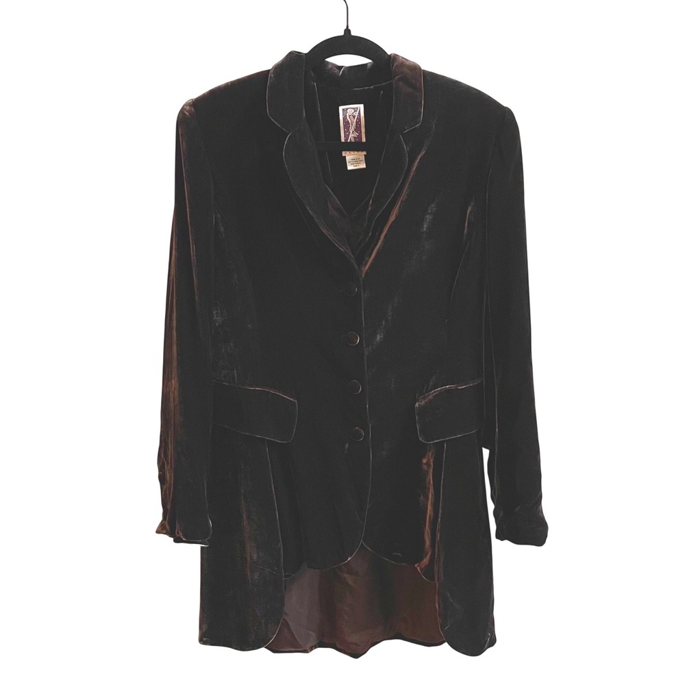 Zelda Silk Velvet Blazer Women 8 Brown Whimsigoth High-Low Longline Evening Coat